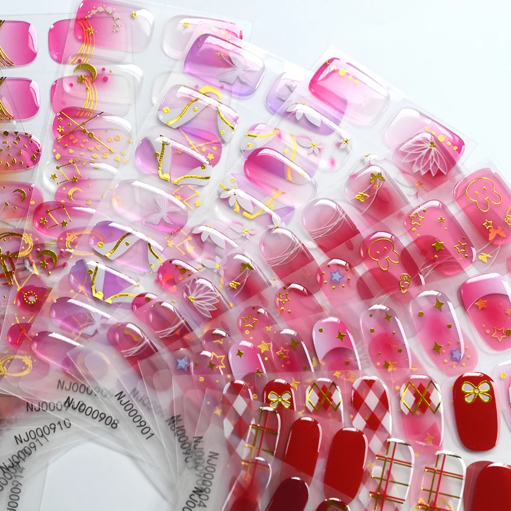 16pcs Gradient Colorful Semi Cured Gel Nail Wraps Need Nail Lamp Long-Lasting, Easy to Apply - Includes Nail File & Wooden Stick