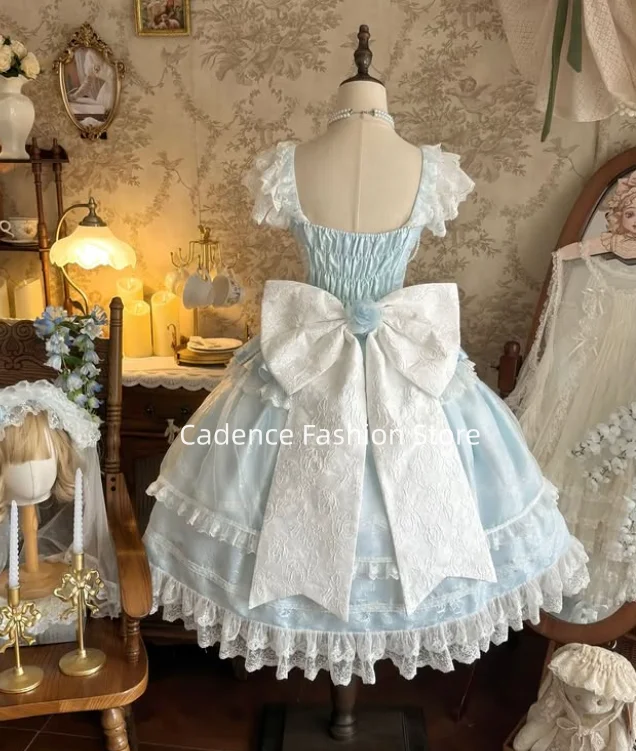 Sky Blue Lolita Evening Dresses 2026 Boat Neck 3D Floral Beading Sweet Girl Cosplay A-line Bow Customized Birthday Party Dress