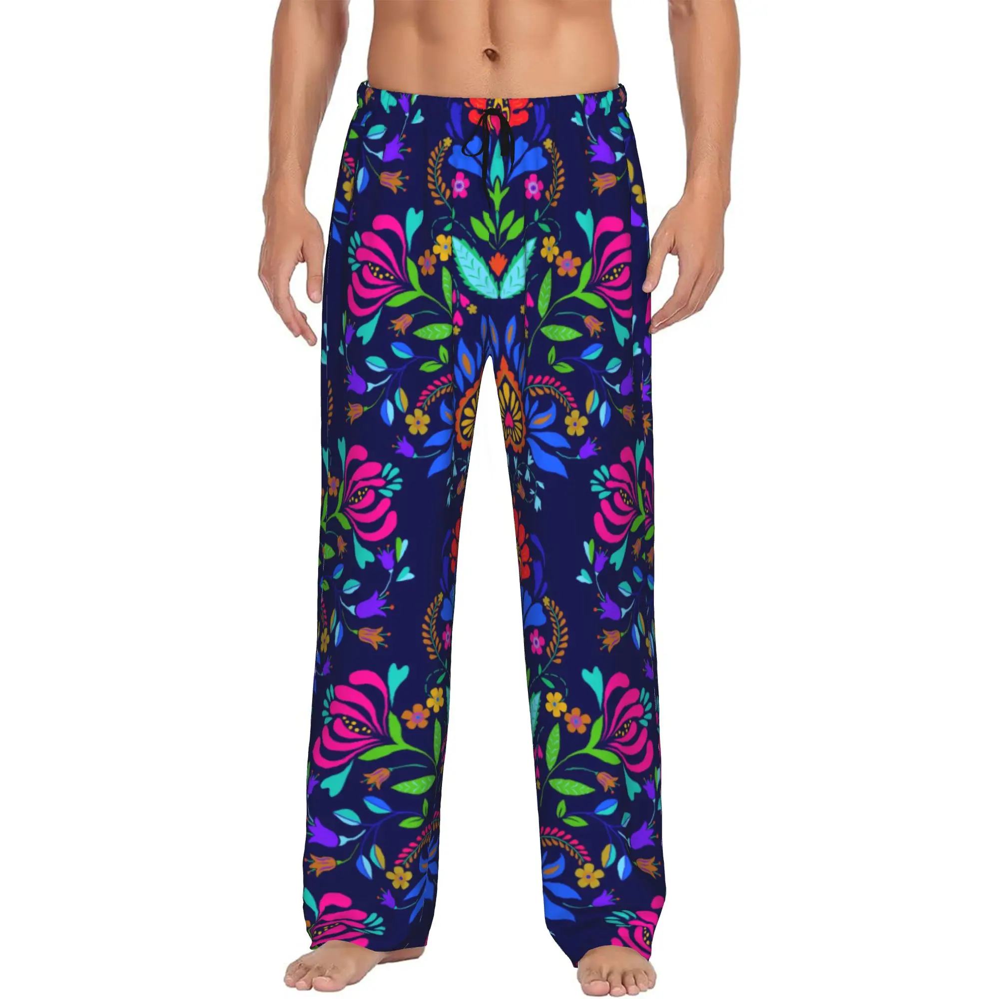 Folk Mexican Vacation Art Pajama Pants Men's Colorful Textile Embroidery Sleepwear Lounge Sleep Bottoms Stretch with Pockets