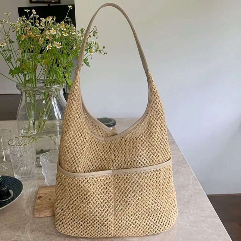 Letnie torby plażowe ze słomy dla kobiet Retro Design Kobiece kieszonkowe torby na ramię Seaside Travel Ladies Woven Underarm Bag