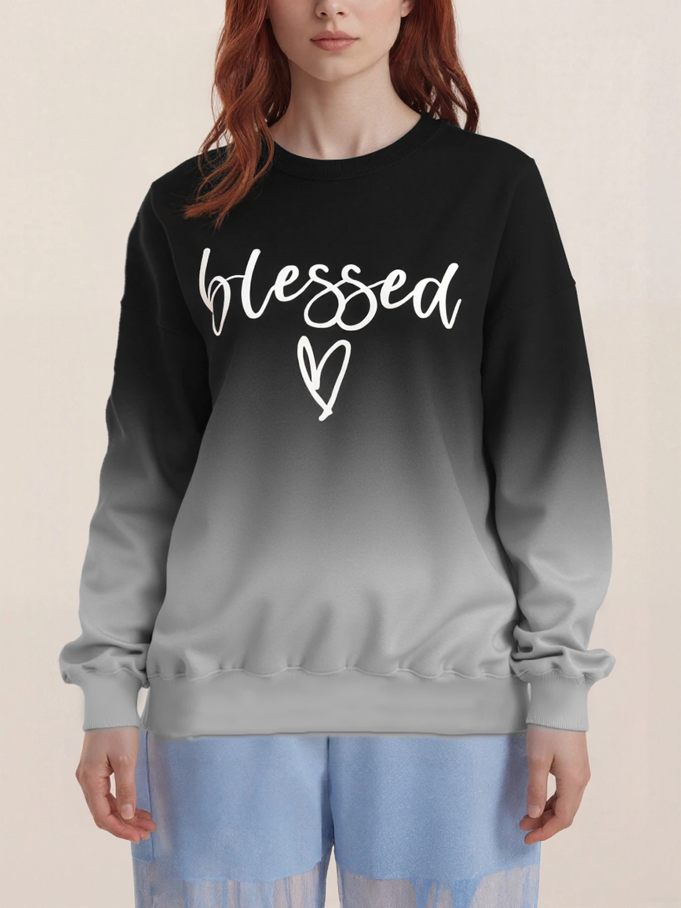 Ombre Gradient Dye Blessed Cursive Letter Heart Print Curvy Ladies Crew Neck Sweatshirt, Raglan Long Sleeve Slight Stretch Pullover, Stylish Casual Spring Daily Streetwear Top