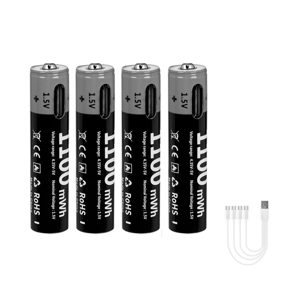 Kuugro 1.5V AAA USB Li-ion Rechargeable Battery Aaa 1.5V 1100mWh Lithium Batteries with 4-in-1 Cable for Toys Camera Flashlight
