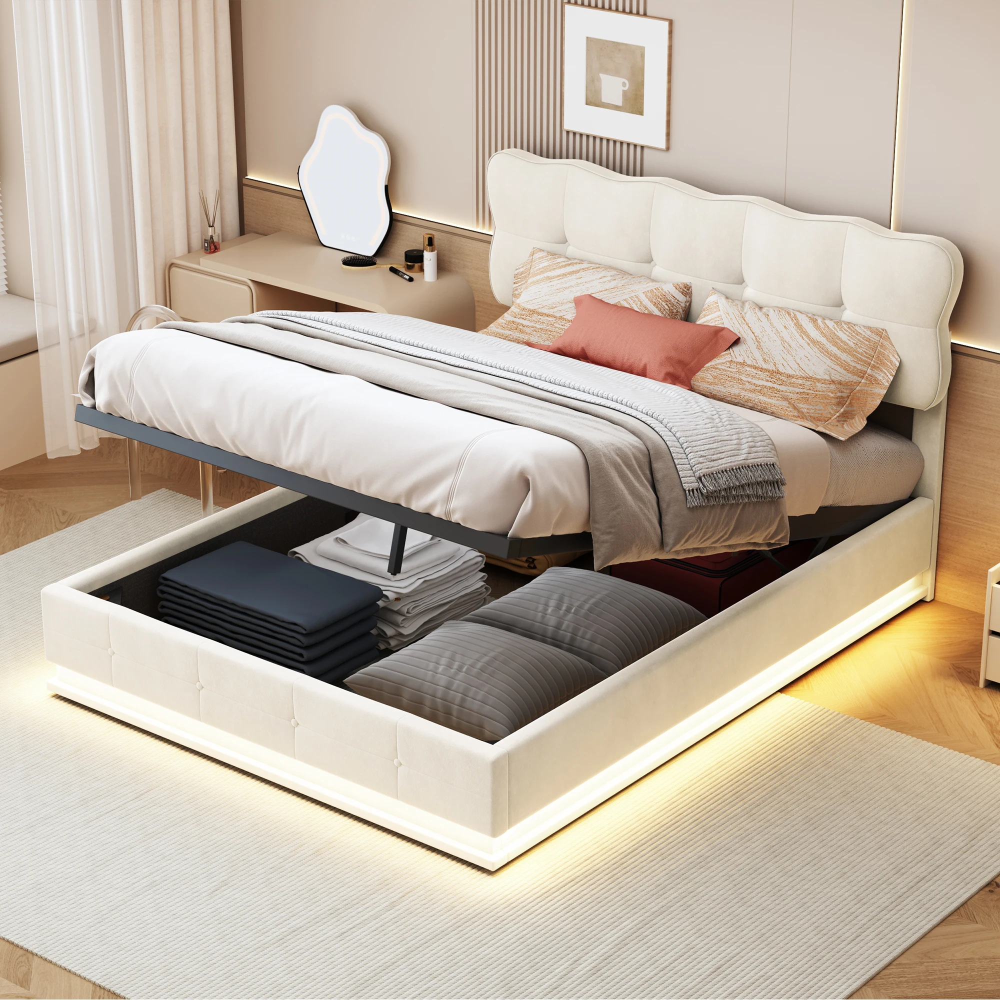 Upholstered bed with LED lighting & hydraulically liftable bed storage space, slatted frame artificial leather double bed