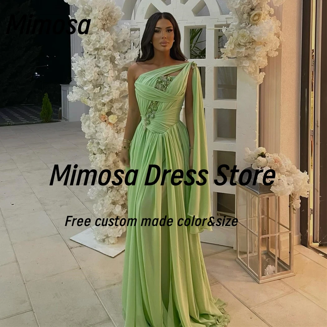 

Mimosa Prom Dresses Sexy One Shoulder Evening Gowns with Beaded Ruched Long Chiffon Wedding Party Dress Customized