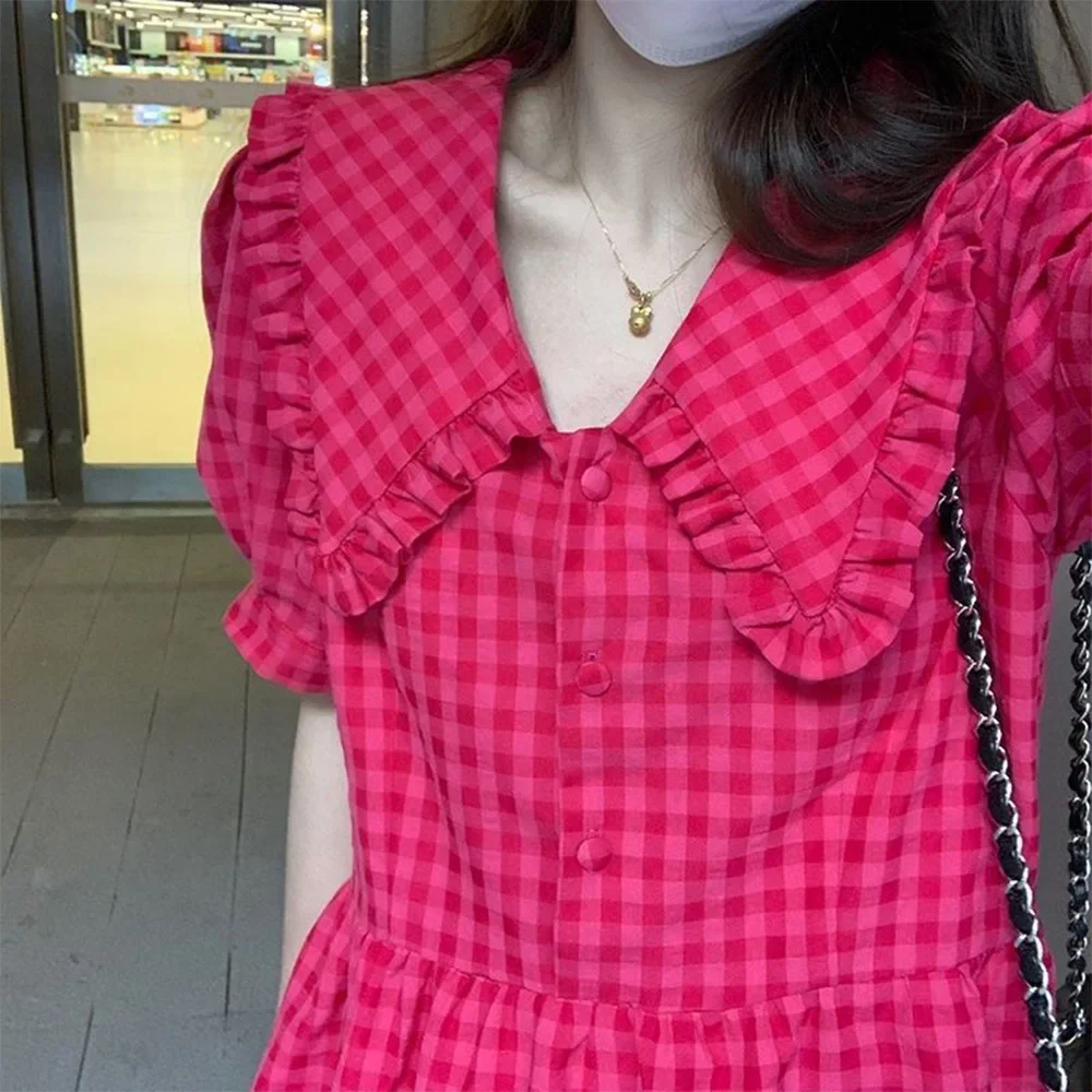 Bear Leader 2023 Summer Parent-child Casual Girl Plaid Polo Neck Bubble Sleeve Dress Mother Daughter Ruffled Soft Princess Dress