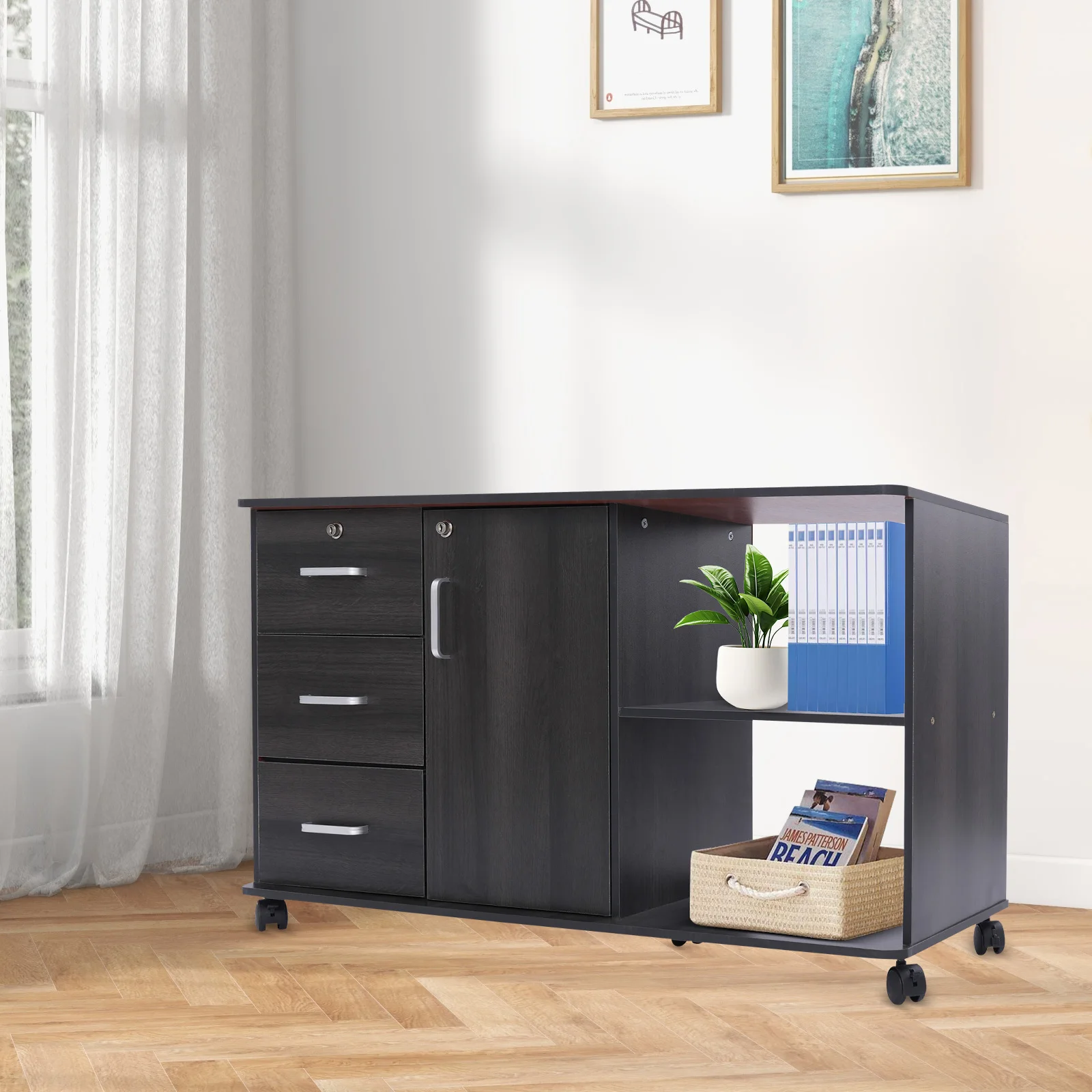 

Black Walnut MDF 100x34x59cm Three-draw One Filing Cabinet with Lock Mobile Locker Office Filing Cabinet