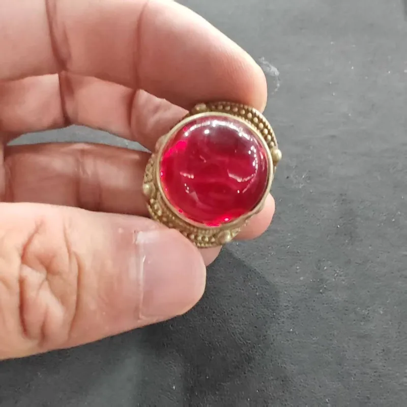 Vintage Tribal Unisex Ring, Round Red Imitation Ruby Beaded Border Carved Metal Ethnic Men Finger Jewelry