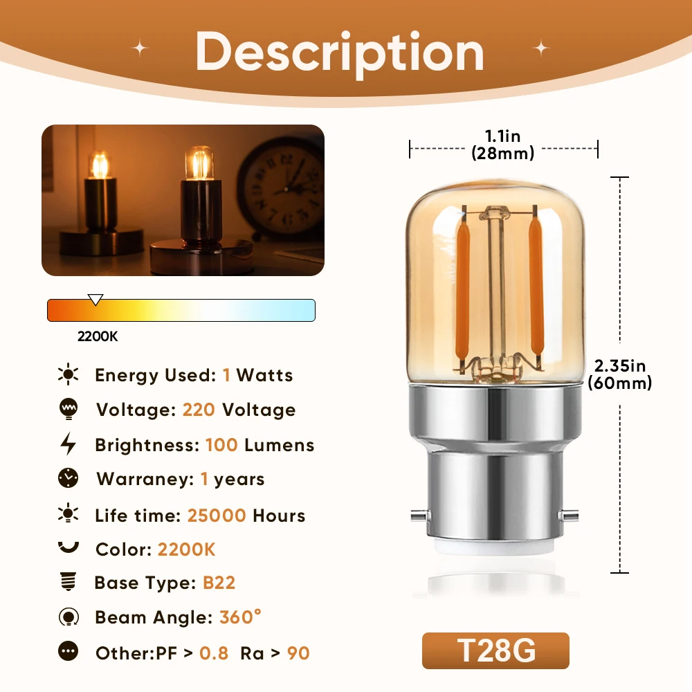 Imagem -03 - Mini Tubo Lâmpadas Led T28 220v 1w B22 Quente Branco Âmbar Vidro Substituível Pingente Interior Retro Lâmpada de Filamento Decoração