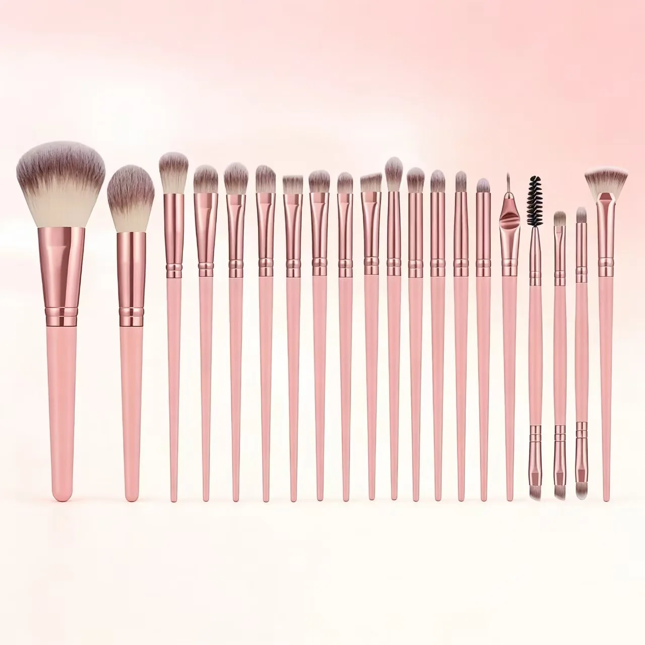 20Pcs Rose Gold Ferrule Pink Handle Makeup Brush Set For Full Face Powder Blush Highlight Eyeshadow Brow Professional