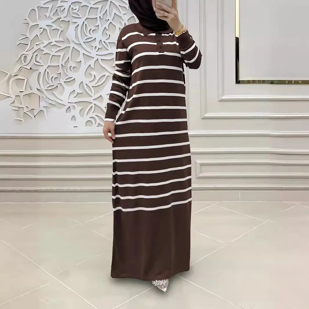 Eid mujeres musulmanas vestido de punto rayas Jalabiya Kaftan Islam Vestidos vestido largo Ramadán Marruecos Dubai Abayas Vestidos de punto