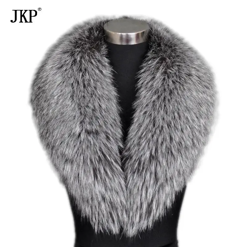 JKP Genuine Real Silver Fox Fur collarWith coat Natural Fox Fur Scarf FemaleNeck Cap Long Big Fur collar customMade shawl