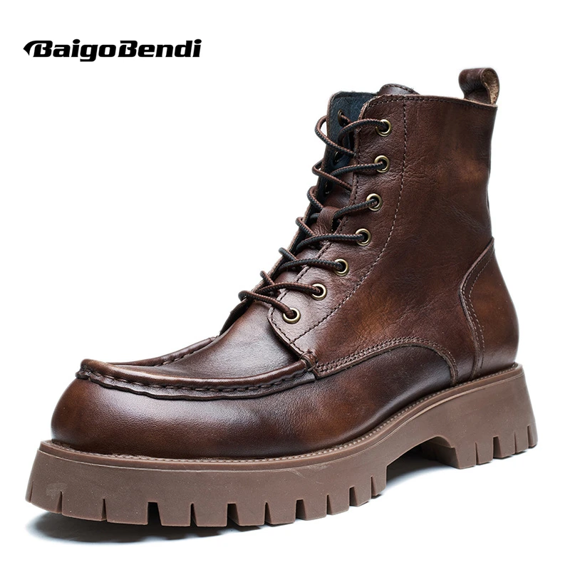 New High-top Thick-sole Work Boots Men's Real Top Layer Cowhide Trend Cowboy Motorcycle Cool Shoes  Autumn Winter