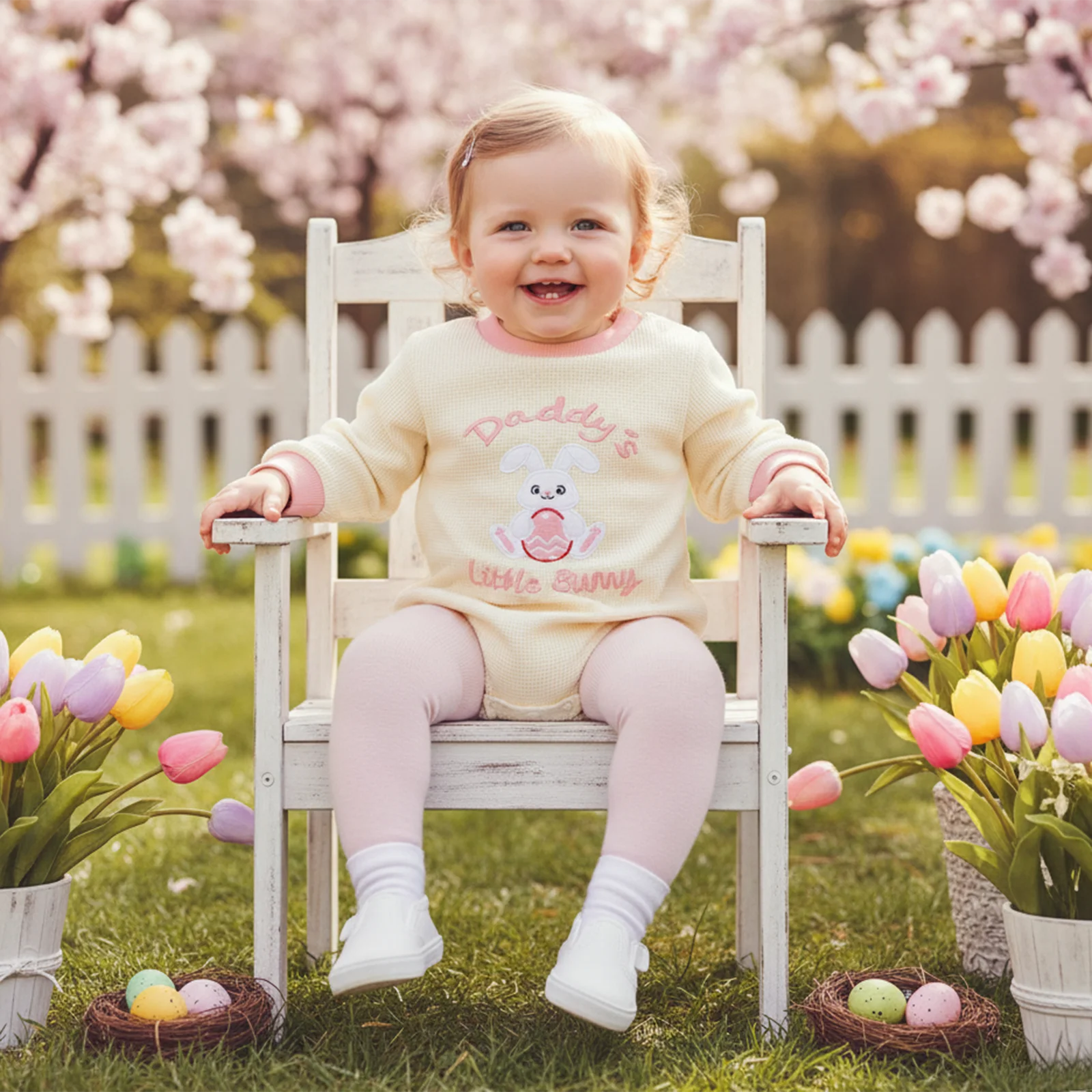 Baby Boys Girls Easter Romper Cute Bunny Letter Embroidery Long Sleeve Crew Neck Waffle Jumpsuit