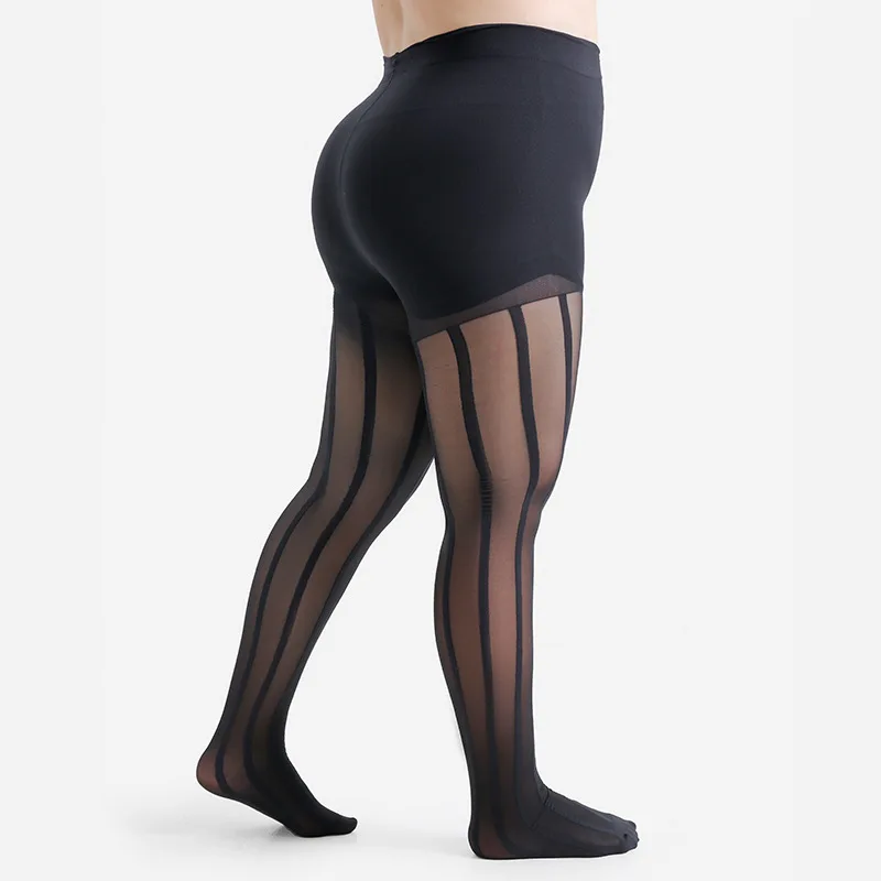Plus Size Vertical Stripe Jacquard Tights  Sexy See-Through Sheer Stockings  Tummy Control Waistband Gusset Crotch Pantyhose 4XL
