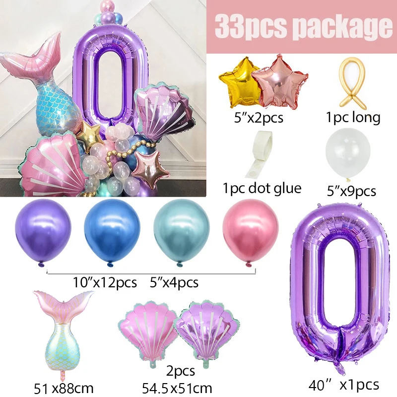 33pcs Mermaid Foil Balloons 40inch Rose Gold Purple 0-9 Number Balloon for Little Mermaid Birthday Party Baby Shower Decoration