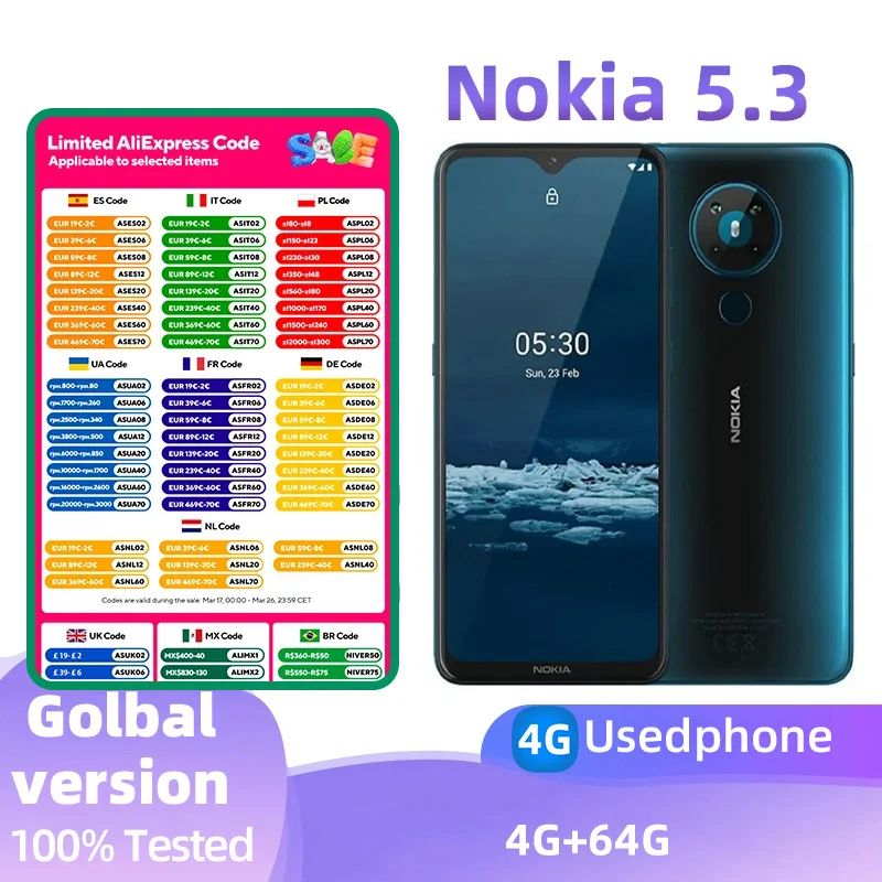 Nokia 5.3 4G SmartPhone CPU Qualcomm Snapdragon 665 Battery capacity 4000mAh 13MP Cameraoriginal used phone