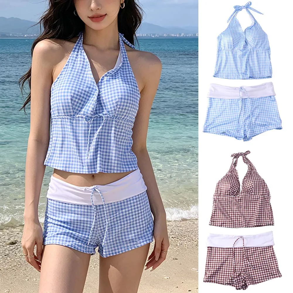 Casual Halter Neck Sling Two Pieces Bikini Suit V-Neck Slim Fit Plaid Swimsuit Y2k Summer Stripe Swimwear Set Vacation