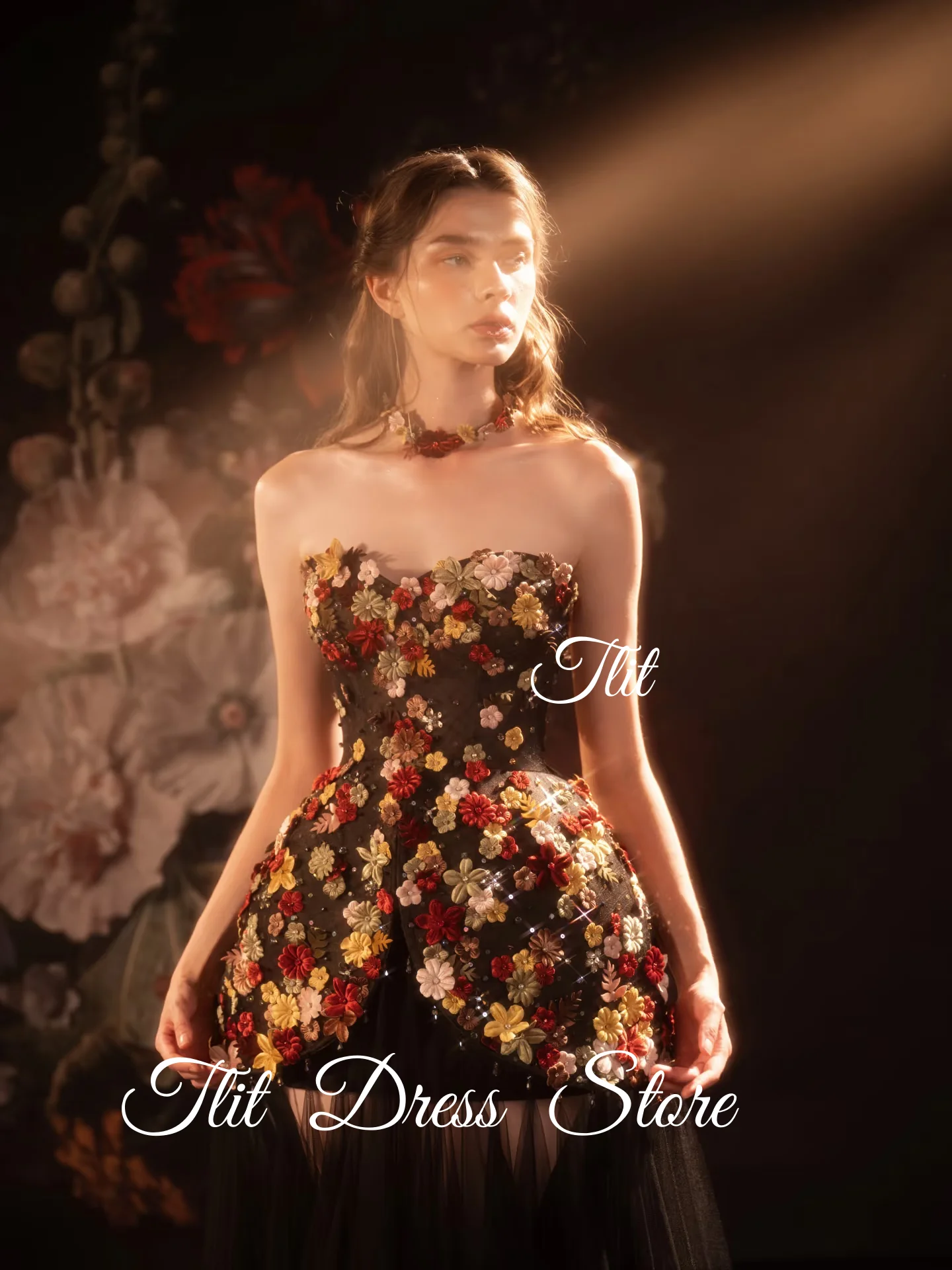 فستان سهرة جميل من الساتان الأسود من TLIT بدون حمالات فستان حفلات صغير ملون على شكل زهور من التول مخصص فيستدوس دي فييستا #6