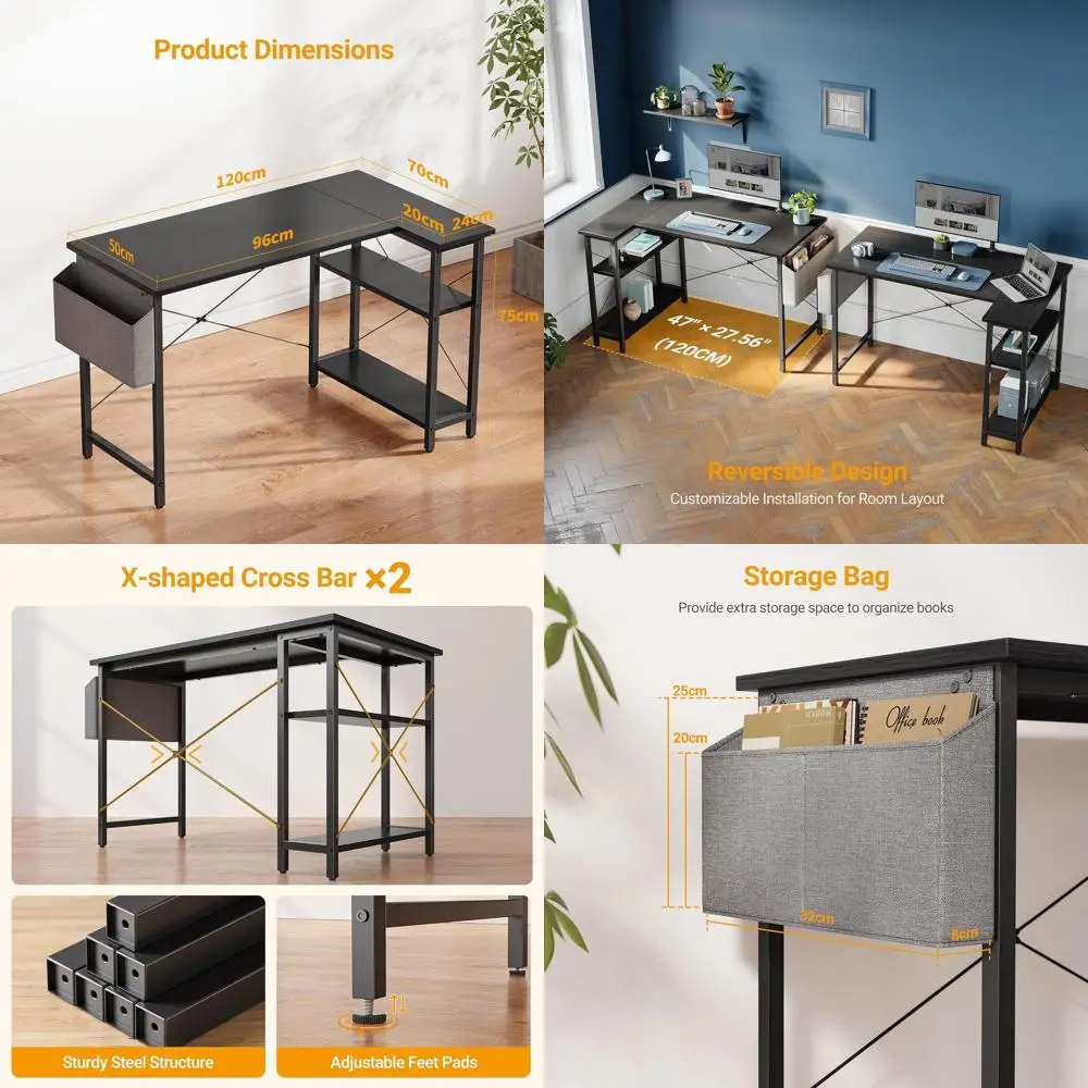 

L Shaped Desk, 47 Inch Computer Desk with Reversible Storage Shelves Home Office Corner Desk Study Writing Table, Black