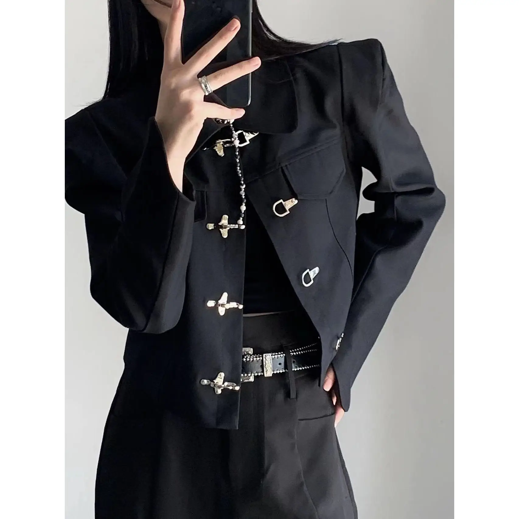 Women Coat 2022 Spring New Chinese Style Fashion Metal Button Office Lady Solid Full Chains Turn-down Collar Outerwear Coats