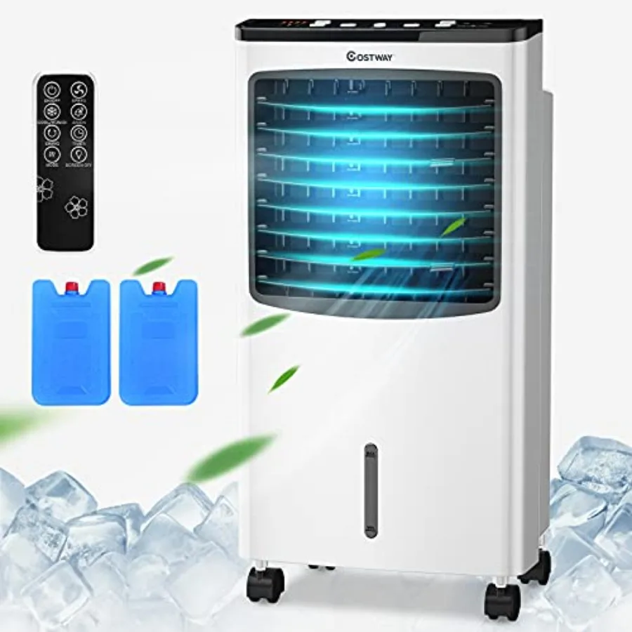 

Portable Evaporative Air Cooler 3-IN-1 Oscillating Cooling Fan with Humidifier Remote Control 2 Ice Packs 2.1 Gallons Water Tan