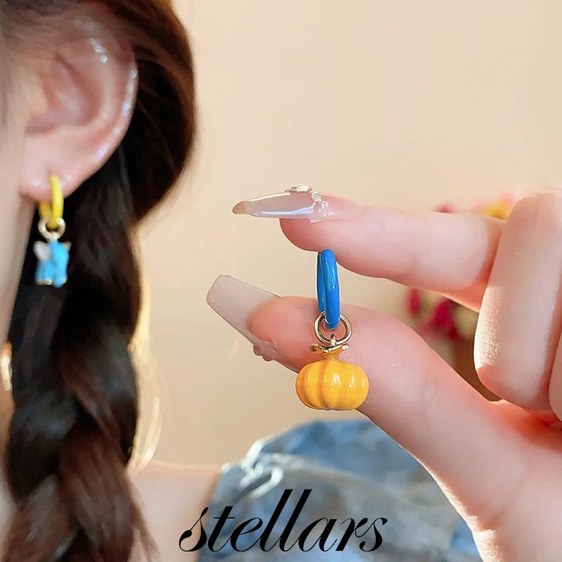 

Minimalist Fresh Style Women's Earrings Enamel Elephant & Pumpkin Pendant Hoop - Unique Small Design Ear Jewelry