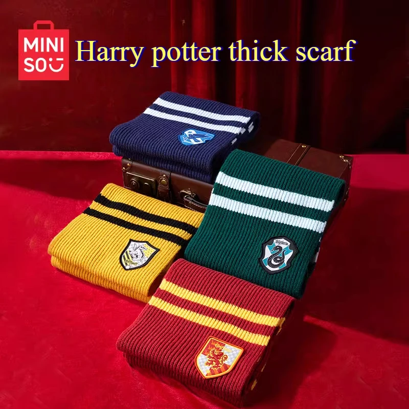 MINISO HarryS PotterS Striped Knitted Scarf Hufflepuff, Ravenclaw, Slytherin, Gryffindor Women's Autumn and Winter Warm Scarf