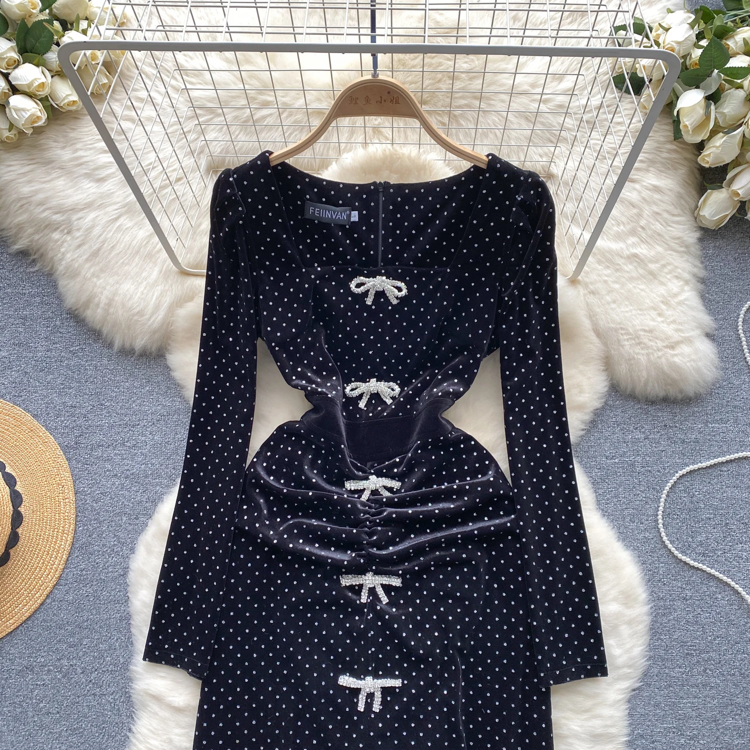 Sexy Square Collar lool sleeve bow rhinestone sweet Dress Chic Vintage Evening Party Club Women fold Chic Goth Slim dresses