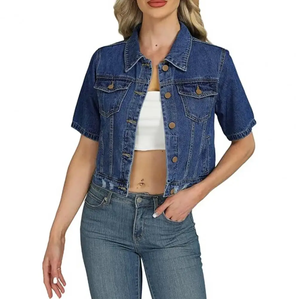 Women's Cropped Denim Jackets Lapel Button Down Trucker Jean Jackets Summer Short Sleeve Casual Coat Regular Fit Denim Jacket