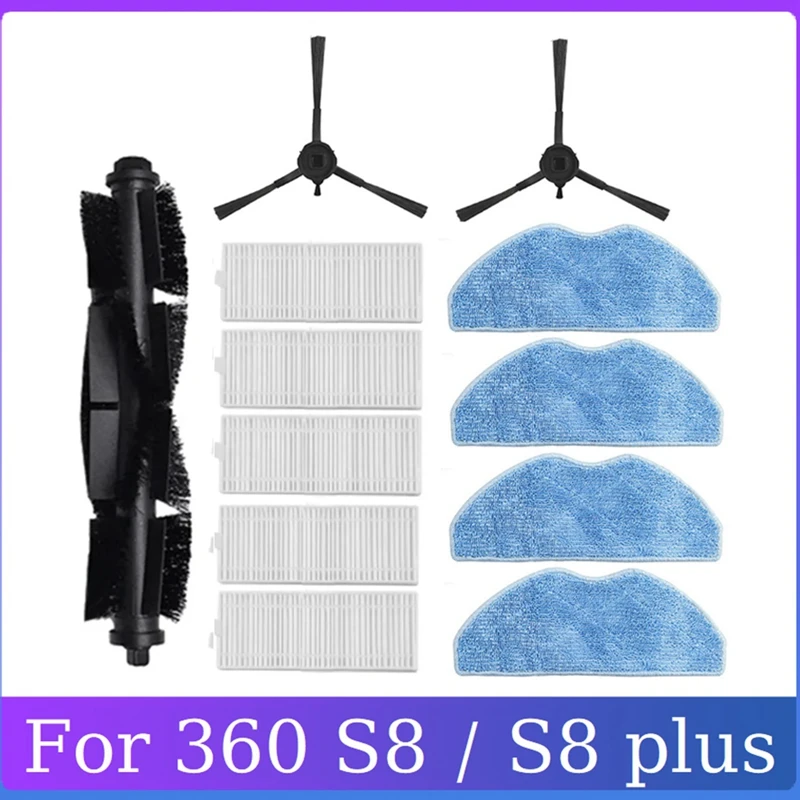 12PCS Main Side Brush HEPA Filter Mop Cloth Black & White & Blue Plastic+Microfiber For 360 S8 / S8 Plus Robotic Vacuum Cleaner