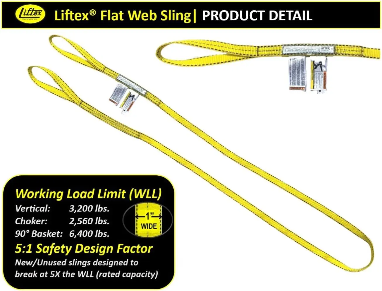 Polyester Lifting Slings, 1-4" Widths, 3-30' Lengths, 2-Ply for Rigging and Hoisting (3200 lbs Capacity)
