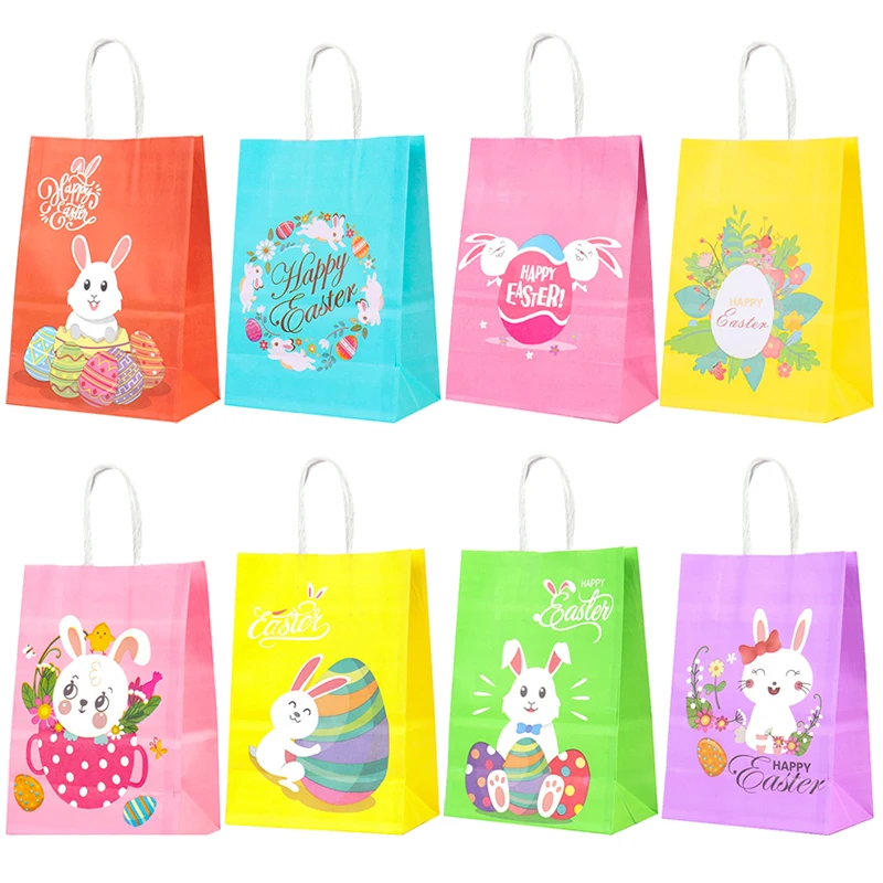 Bolsas de papel de conejo de Pascua con asa, bolsa de regalo para embalaje de galletas y dulces, decoraciones para fiesta de Pascua feliz de primavera, regalos para niños, 4 Uds.