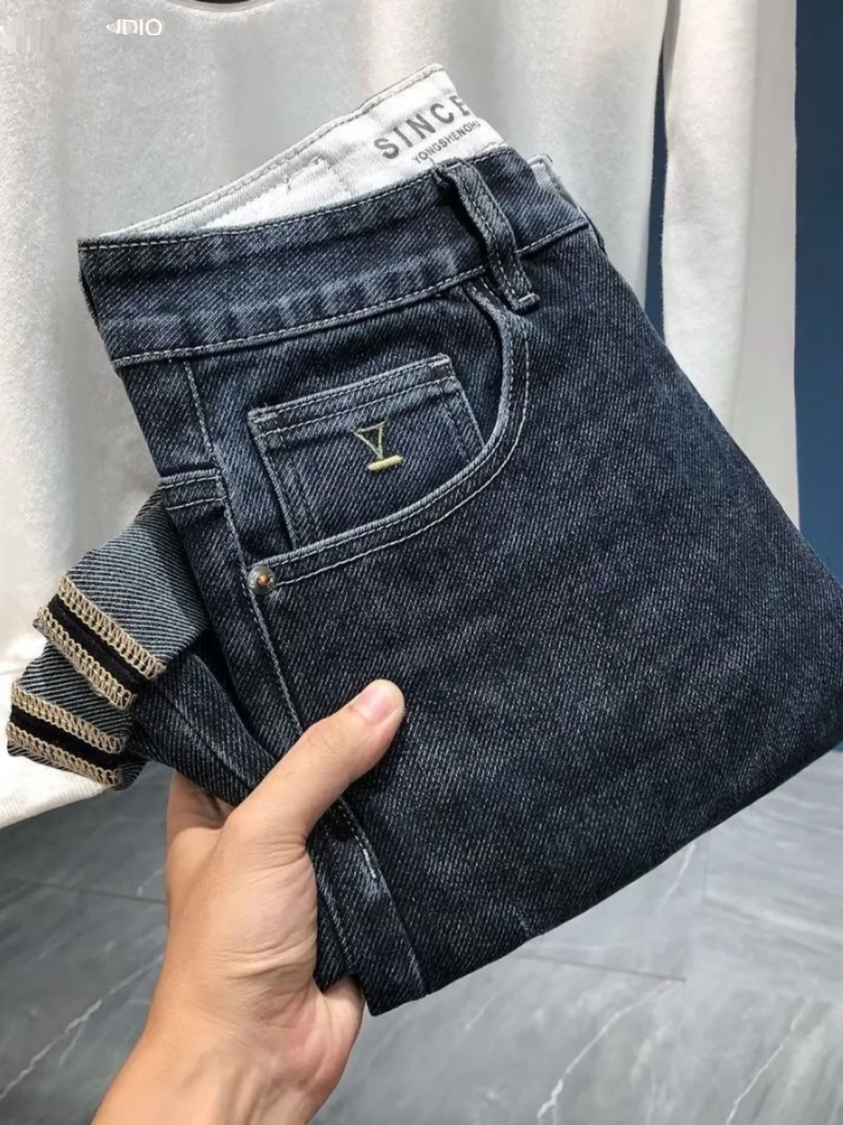 

Men's Fce Lined Straight Leg Jeans Casual Elastic Slim Fit Korean Sle Long Pants Winter Warm Thiened Stone Waed