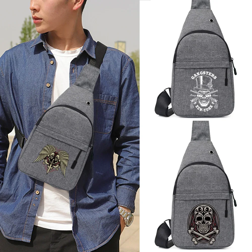 

Men Chest Bags Casual Waist Bags Charging Earphones Cable Hole Crossbody Bags Skull Print Canvas Shoulder Waist Packs Sling Bag