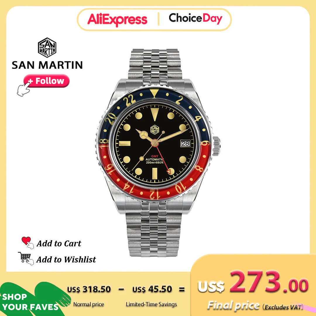 

San Martin 40mm GMT NH34 Watch Full Luminous Sports Automatic Mechanical Watches for Men Sapphire Bezel Waterproof 20Bar SN0005