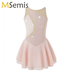 Figure Skating Dress Kids Girls Rhinestone Mesh Splice Ballet Dance Gymnastics Leotard Tutu Dress Stage Performance Costume