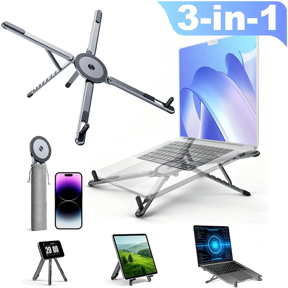 Portable Magnetic Phone Holder & Selfie Stick 3-in-1 Foldable Tripod Stand for iPhone iPad Tablet Laptop Desktop Use
