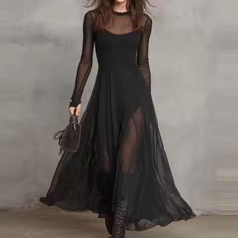 Black Sheer Mesh Maxi Dress for Women Spring Summer Gothic Style Long Sleeve A-Line Flowy Dress Evening Party Prom Dress Vestido
