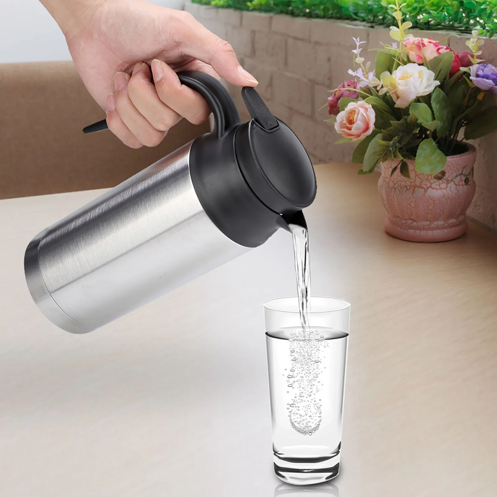 

750ML 12V/24V Electric Heating Cup Kettle Stainless Steel Water Heater Bottle for Tea Coffee Drinking Travel Car Truck Kettle