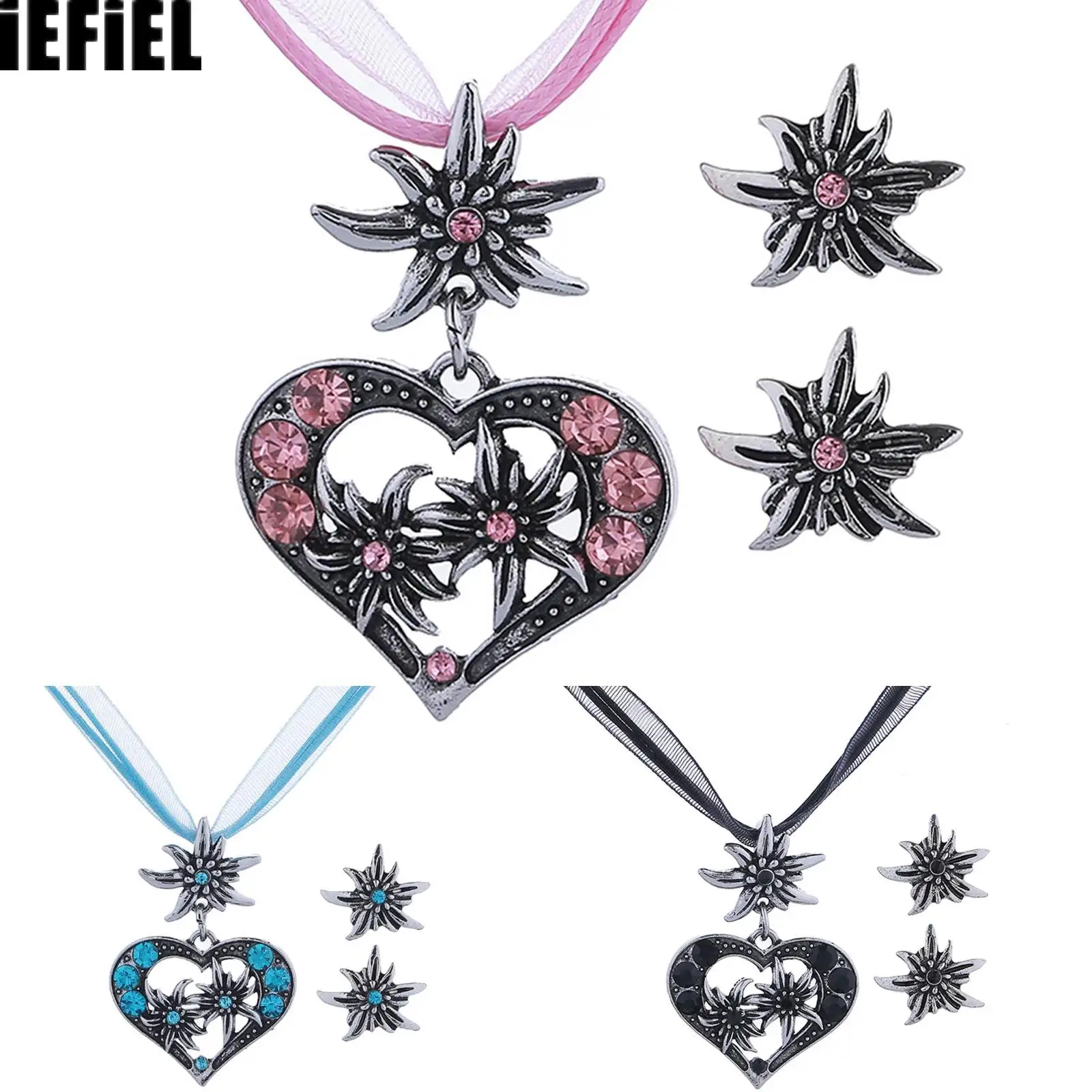 

Oktoberfest Heart-shaped Necklace And Earrings Retro Bavaria Style Crystal Inlaid Pendant Edelweiss Earrings Jewelry