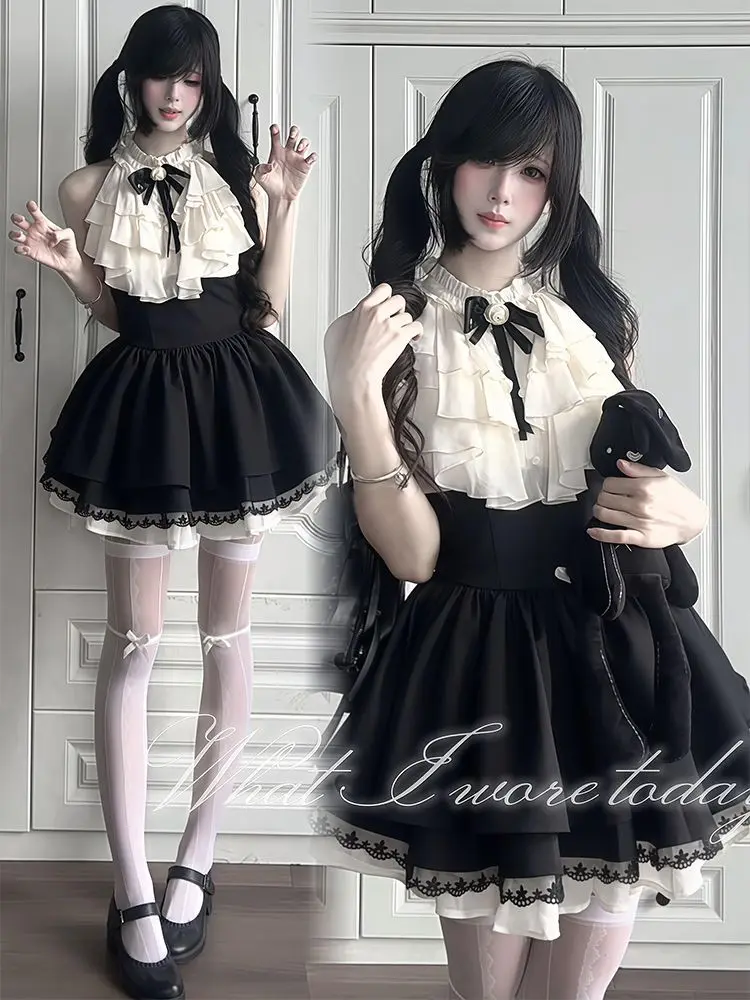 Coquette Goth Kawaii Subculture Dress Women Bow Halter Neck Two-Tone Lace Trim Ruched Waist Slim Fit Mini Dress Party Outfit