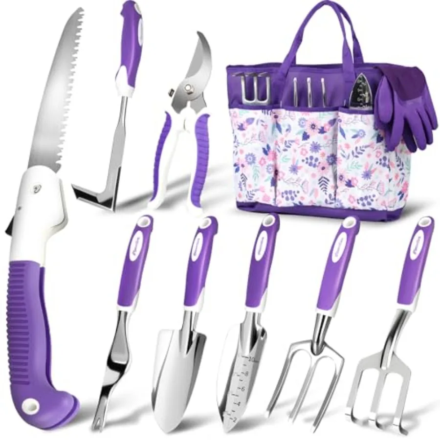 

Garden Tool Set, 10 Pcs Heavy Duty Gardening Tool Kit Women Garden Gift Set Aluminum with Non Slip Ergonomic Handle, Storage To