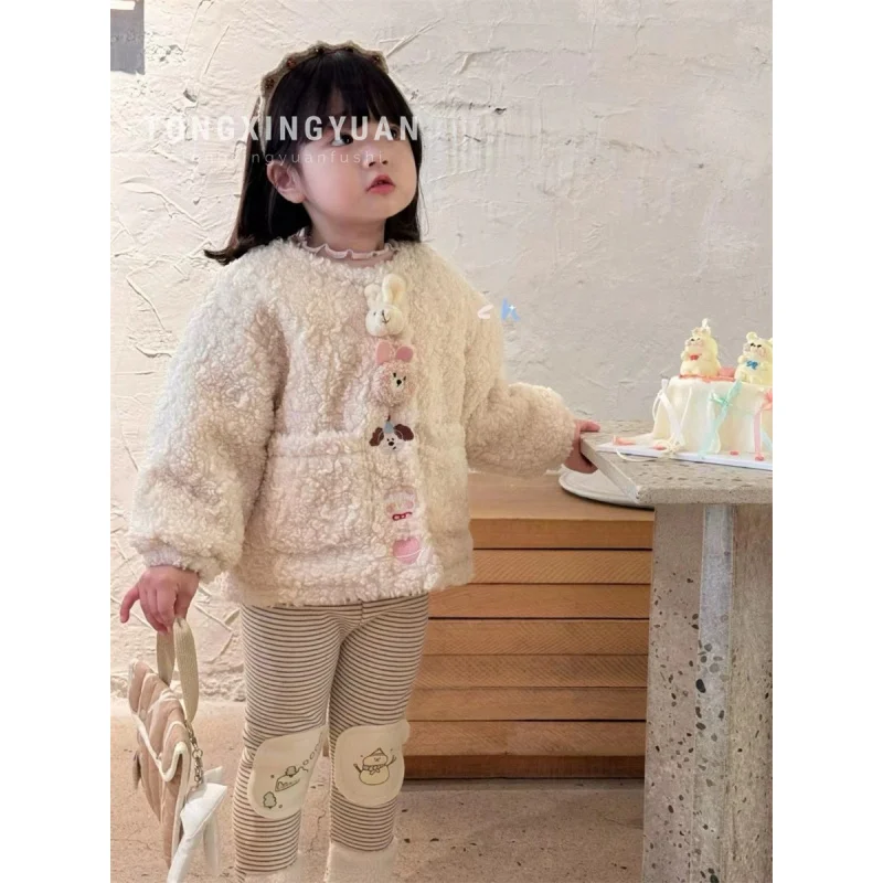 Fleece-lined suit2024Autumn and Winter Clothing Korean Style Girls' Animal Doll Furry Cotton Coat Jacket Striped Leggings