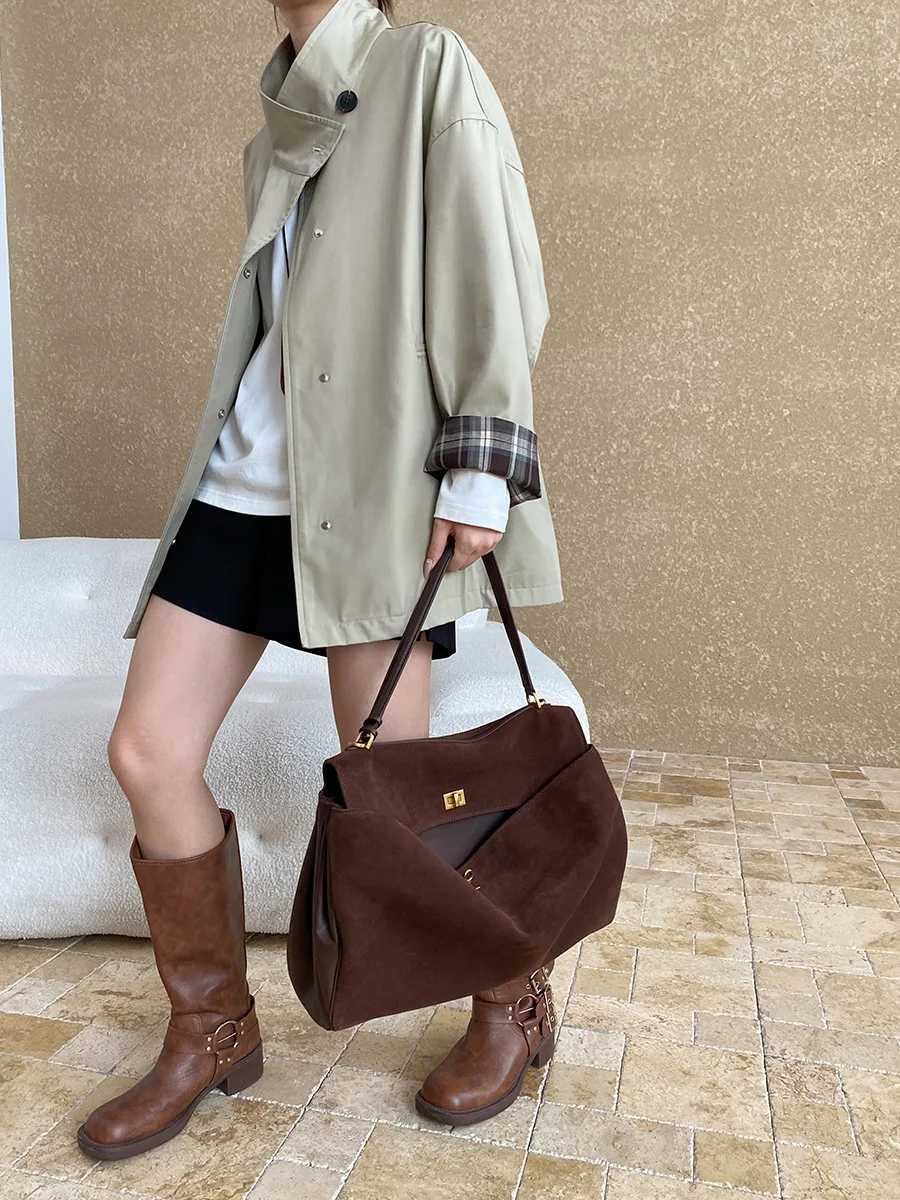 معاطف واقٍ من المطر سترات منقوشة للنساء لجيب مقسم اللون وياقة واقفة وأكمام طويلة واحدة الصدر فضفاضة تناسب خريف 2025 #5