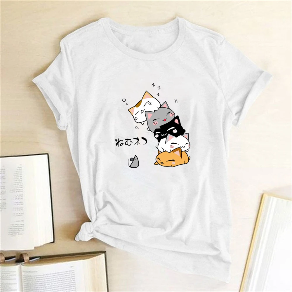 Seeyoushy-女性のための猫のプリントTシャツ,素敵な夏の服,アニメーション,カワイイ,原宿