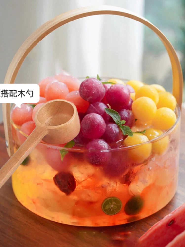 

Netizens Fruit Tea Container Happy Bucket Summer Solid Wood Handheld Fruit Plate Decoration Glass Home Living Room Fruit Basket