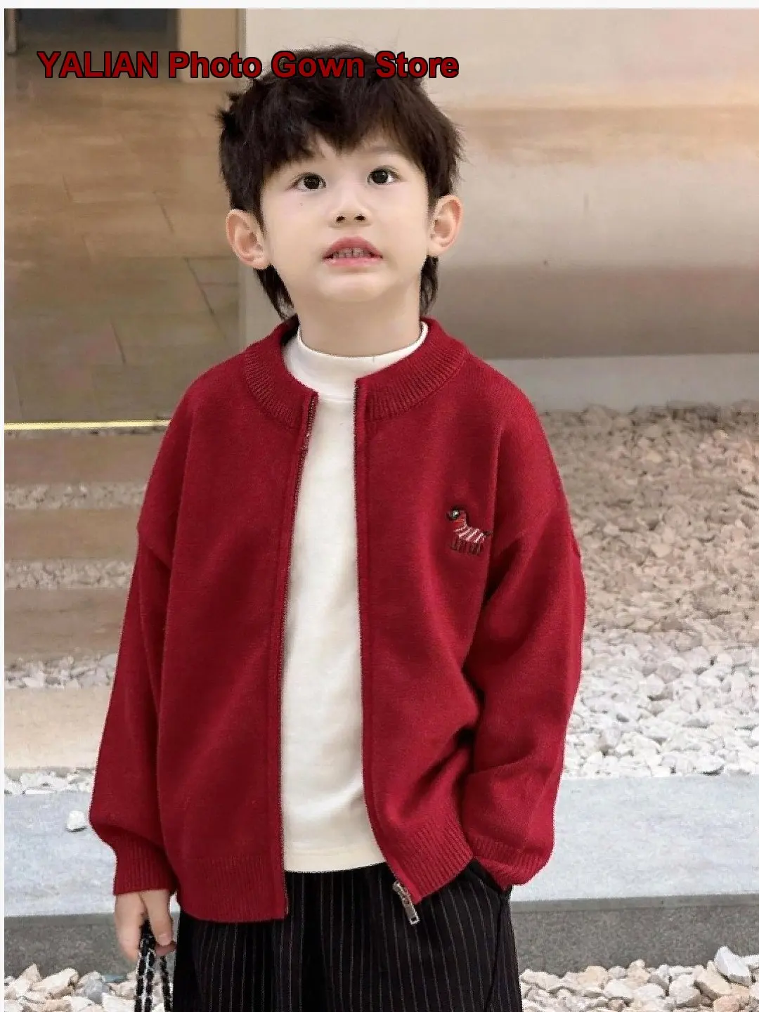 Boys Red Zip-Up Knit Sweater Spring Autumn Fashionable Children’s Fall Wear Toddler Kids