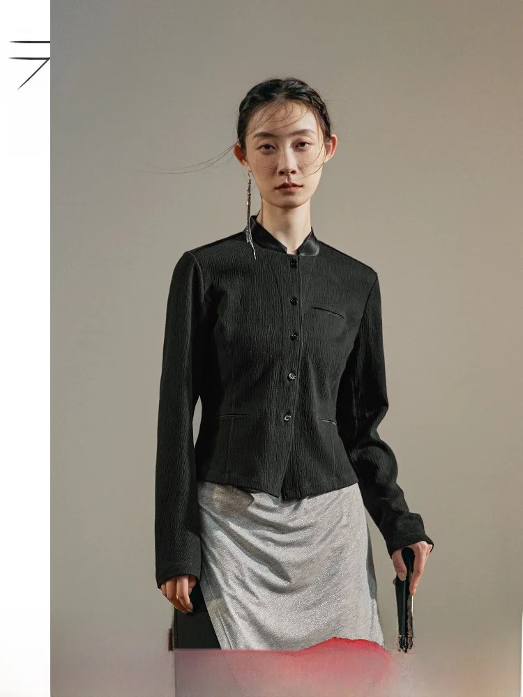 Chaqueta Entallada Estilo Chino 2026, Nueva Colección Primavera, Cintura con Detalle de Vinagre, Color Negro, Ropa Casual para Mujer