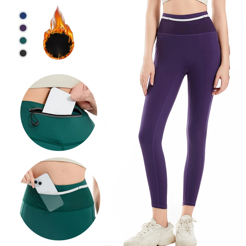 

Marathon Running Compression Tights Women Winter Fleece-Lined Jogging Yoga Fitness Training Sport Pants with Around Phone Pocket