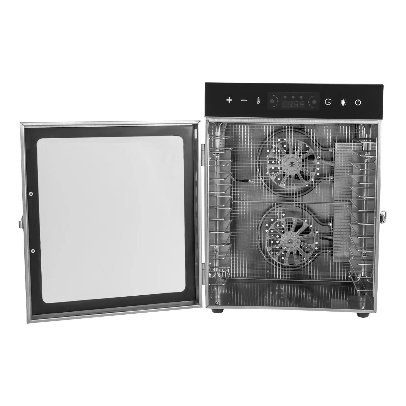เครื่องอบแห้งอาหารขนาด 650 วัตต์ 12 ช่อง พร้อมหน้าจอสัมผัสและไฟ LED - เครื่องอบผลไม้ เนื้อสัตว์ เจอร์กี้ สเตนเลสสตีล 110V ปลั๊กแบบ US
